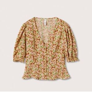 Mango Floral Puff Sleeve Blouse S 4 NWT V Neck Viscose Romantic Top